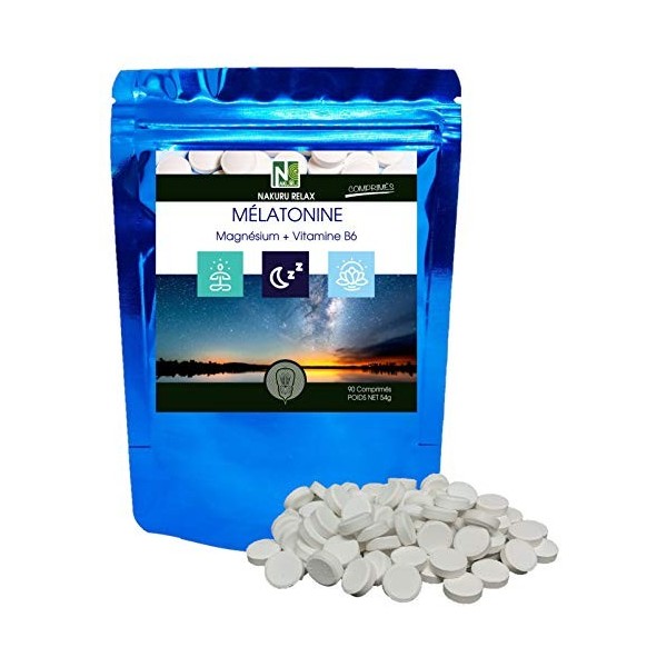 NAKURU | Mélatonine Forte 1,8mg - Magnésium - Vitamine B6 | 90 Comprimés de 600mg | Gamme Relax | Fabriqué en France/Poids Ne