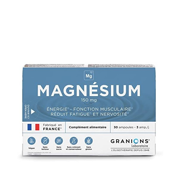 GRANIONS MAGNÉSIUM 150 mg - 30 ampoules - 10 jours - Énergie - Fonction musculaire - Fatigue - Nervosité - 150 mg de Magnésiu