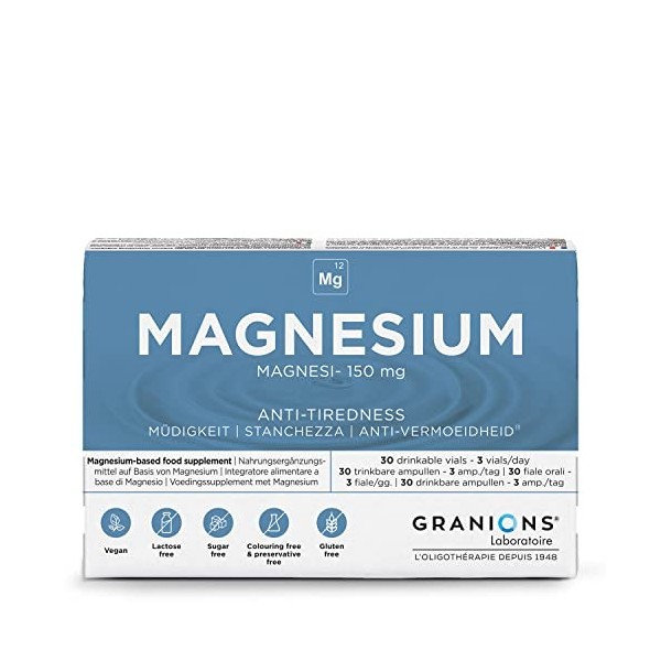 GRANIONS MAGNÉSIUM 150 mg - 30 ampoules - 10 jours - Énergie - Fonction musculaire - Fatigue - Nervosité - 150 mg de Magnésiu