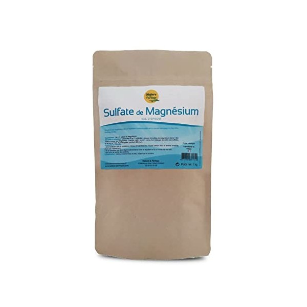 Sulfate de magnésium Sel dEpsom - 1 Kg - Utile en cas de Fatigue, Difficultés dEndormissement, Stress, Douleurs Musculair