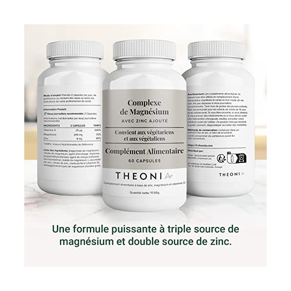 Complément alimentaire Complexe au Magnésium de Theonia à haute concentration 205 mg avec du zinc et de la vitamine D3 – Aide