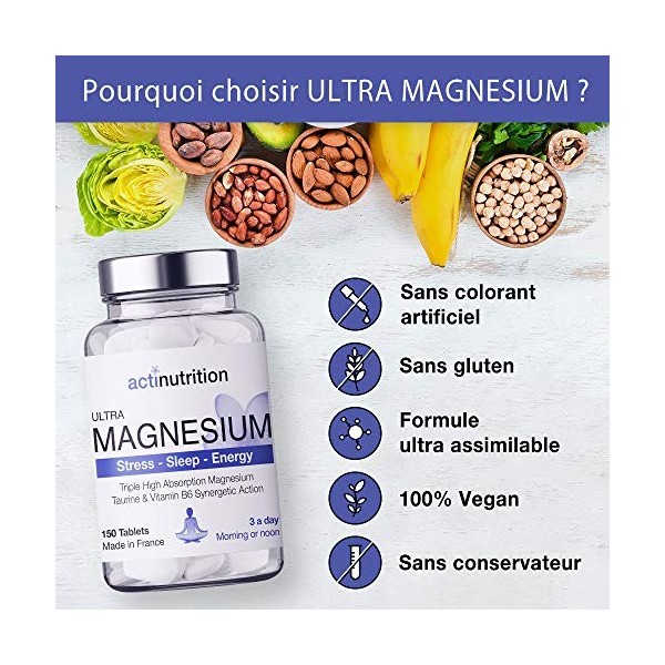 ULTRA Magnésium | Bisglycinate, Citrate et Malate de Magnésium Ultra-assimilables | 414mg/j 150 comprimés | Taurine et B6 | S