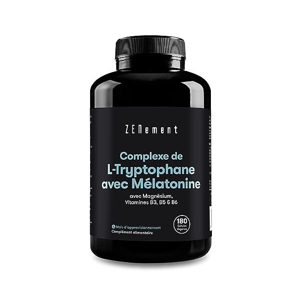 L-Tryptophane Complex, avec Mélatonine, Magnésium + Vitamines B3, B5, B6, 180 Gélules | Induit le sommeil et améliore la qual