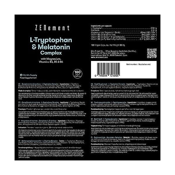 L-Tryptophane Complex, avec Mélatonine, Magnésium + Vitamines B3, B5, B6, 180 Gélules | Induit le sommeil et améliore la qual