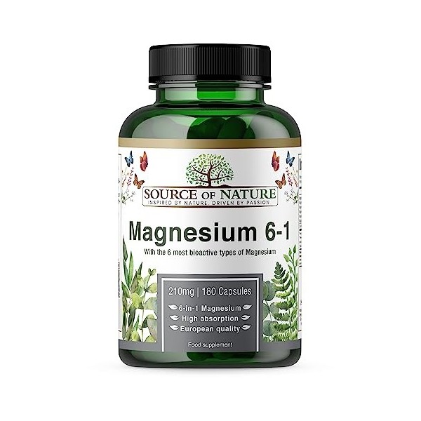 Source of Nature® | Magnésium 6-en-1 210mg | 6 types de magnésium les plus bioactifs | 180 gélules | Formulé scientifiquement