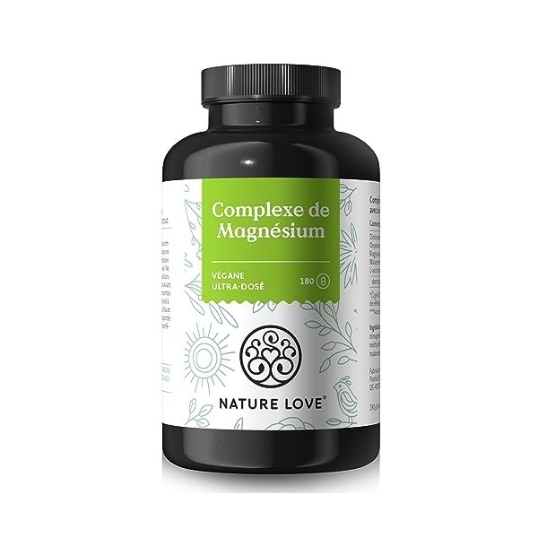 NATURE LOVE® Complexe de magnésium - 180 gélules - 400mg de magnésium élémentaire par dose journalière - magnésium en formes 