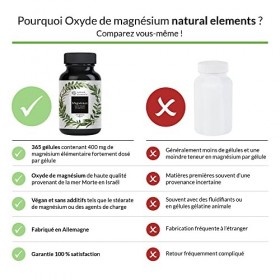 Magnésium – 365 gélules – 667&nbsp;mg d’oxyde de magnésium, dont 400&nbsp;mg de magnésium par gélule – testé en laboratoire, fortement 