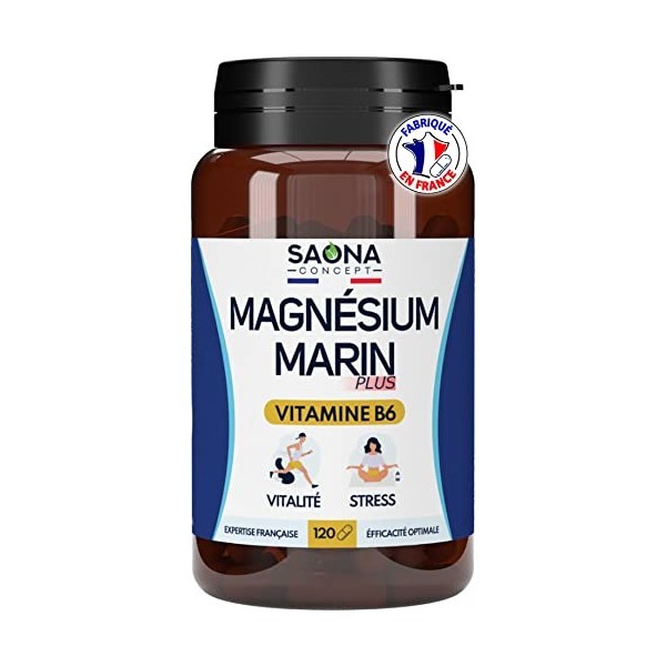 Magnésium Marin - Vitamine B6 | Fatigue - Stress - Sommeil | 300 mg/j | 120 Gélules | 4 mois de cure | Fabriqué en France