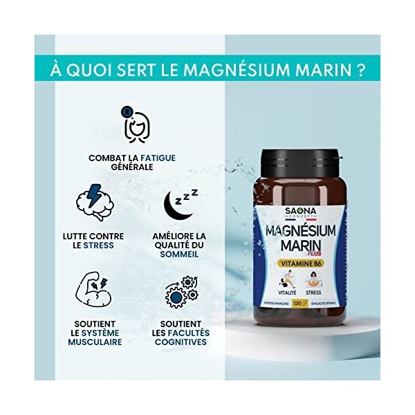 Magnésium Marin - Vitamine B6 | Fatigue - Stress - Sommeil | 300 mg/j | 120 Gélules | 4 mois de cure | Fabriqué en France