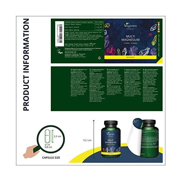 Multi-Magnésium Complex Vegavero® | UNIQUE : Avec Bisglycinate, Citrate, Malate et Taurate de Magnésium | Avec Vitamine B2 & 