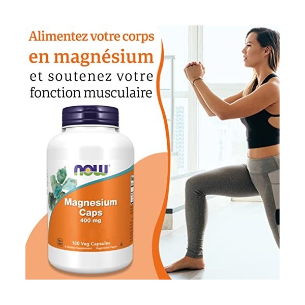 Now Foods, Magnesium Caps, 400 mg, 180 Gélules végétaliennes, Testé en Laboratoire, Minéraux, Sans Gluten, Sans Soja, Végétar