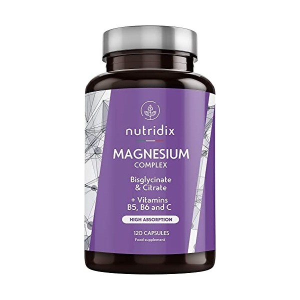 Magnésium 300 mg par dose - Bisglycinate et Citrate de Magnésium avec Vitamines B6, C et B5 - Fatigue, Épuisement et Fonction