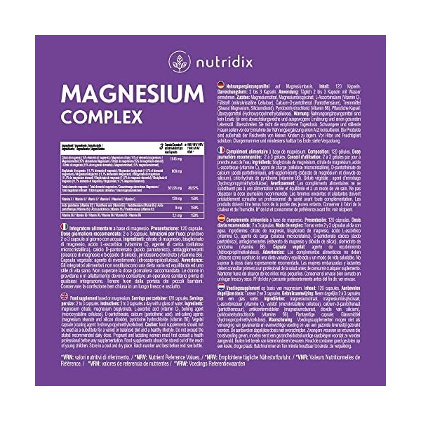 Magnésium 300 mg par dose - Bisglycinate et Citrate de Magnésium avec Vitamines B6, C et B5 - Fatigue, Épuisement et Fonction