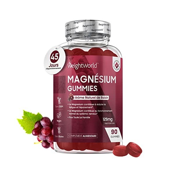 Magnésium Citrate en Gummies 125mg par Jour - 90 Gummies 45 Jours Vegan Saveur Raisin - Gommes à Mâcher Haute Biodisponibil