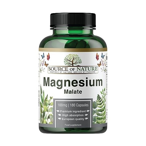 Source of Nature® | Malate de magnésium 645mg | 180 gélules | 2 mois dapprovisionnement | 100mg élémentaire | Haute qualité 