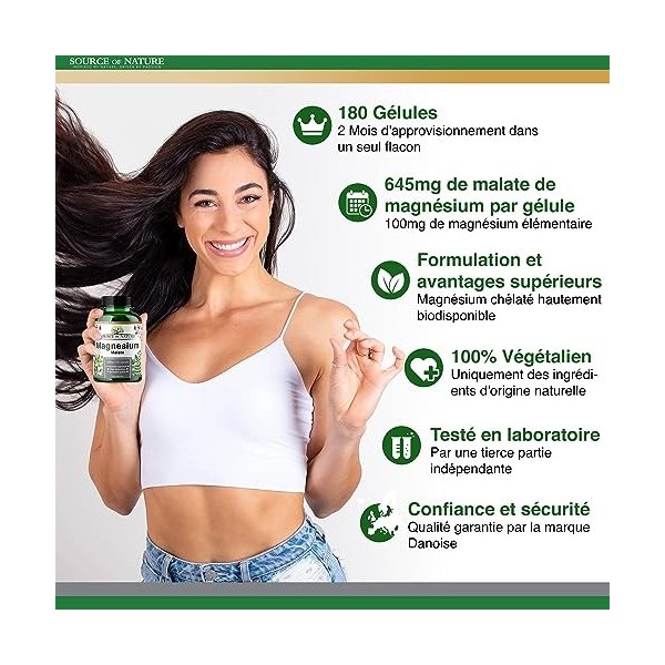 Source of Nature® | Malate de magnésium 645mg | 180 gélules | 2 mois dapprovisionnement | 100mg élémentaire | Haute qualité 