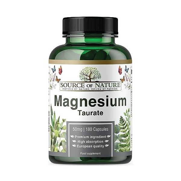 Source de Nature® | Taurate de magnésium 625mg | 180 Capsules | Approvisionnement de 45 jours | 50mg élémentaire | Haute qual