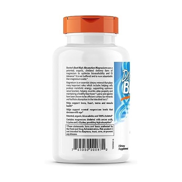 Doctor Best, Magnésium à haute absorption, avec glycine et lysine, testé en laboratoire, sans soja, sans gluten, sans OGM, 24