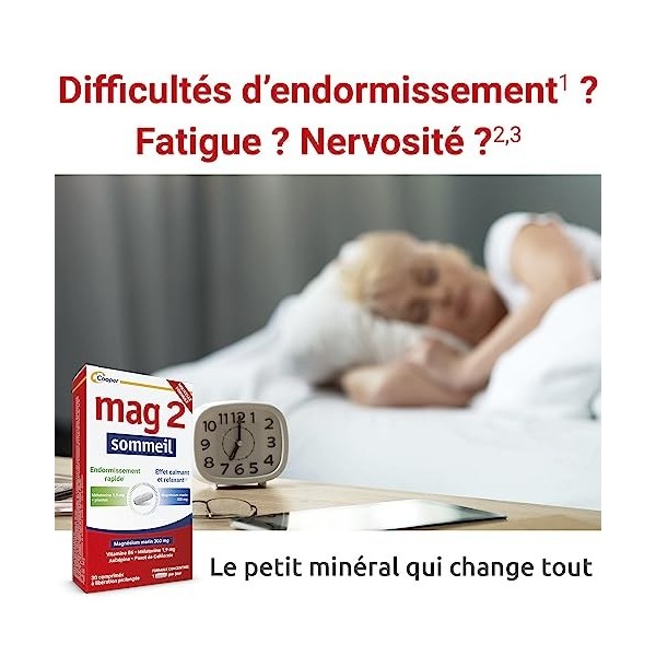 Mag 2 Sommeil-Complément alimentaire à base de magnésium marin 300mg, mélatonine 1,9mg et extraits de plantes-Endormissement 