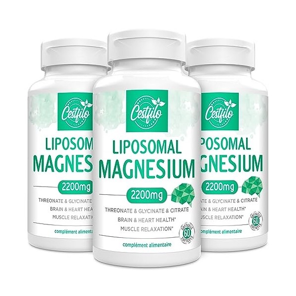 Complexe Liposomal de Magnésium 2200mg-Complexe Liposomal de Magnésium à Haute Puissance Threonate, Magnésium Glycinate, Magn