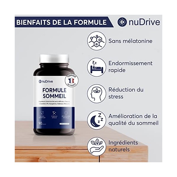 FORMULE SOMMEIL | Sans Mélatonine - Magnésium bisglycinate, L-théanine, Apigénine, Valériane, Mélisse, Bio - Endormissement N