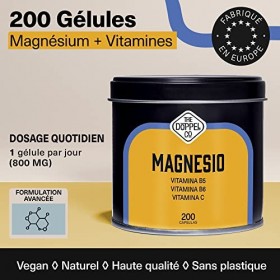 Citrate de Magnésium | 750 mg + Vitamine C, B6, B5 Dose journalière | 200 gélules | Magnésium hautement biodisponible | Vitam