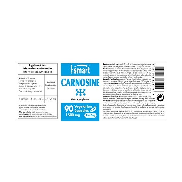 Carnosine 1500 mg L-Carnosine - Contribue à Réduire le Stress Oxydatif, la Glycation et Freiner le Vieillissement - Vegan -