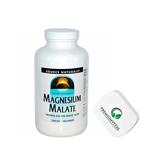 PremiumVital, Source Naturals, Magnésium Malate, 1.250mg, 360 Comprimés végétaliens, Testé en Laboratoire, Sans Gluten, Sans 