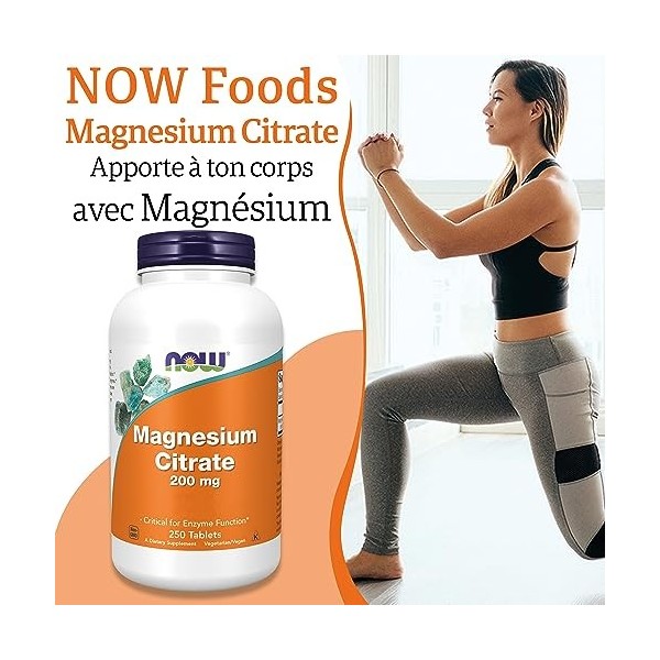 Now Foods, Magnesium Citrate Citrate de Magnésium , 200 mg, 250 Comprimés végétaliens, Testé en Laboratoire, Minéraux, San