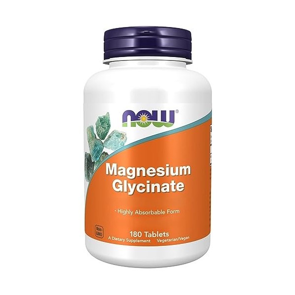 Now Foods, Magnesium Glycinate, 200mg Magnésium, 180 Comprimés végétaliens, Testé en Laboratoire, Végétarien, Sans Gluten, Sa