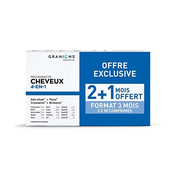 GRANIONS PRO KERACYS 4-EN-1 | Anti-chute Cheveux + Force + Croissance + Brillance | FORMAT 3 MOIS : 2 x 90 Gélules + 90 Gélul