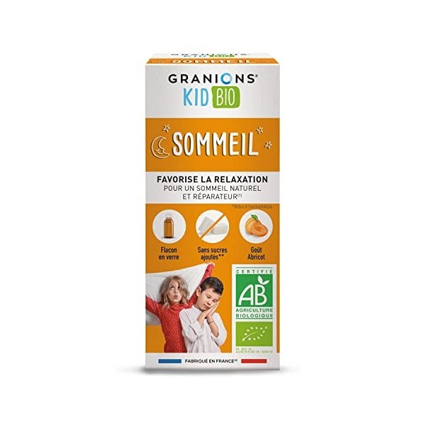 GRANIONS KID BIO SOMMEIL - Certifié BIO - Goût Abricot - SOMMEIL NATUREL ET RÉPARATEUR - Formule naturelle à base de sirop d