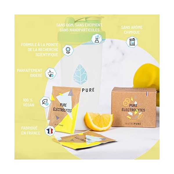 Pure Electrolytes • 5 minéraux essentiels - Na, Ca, Mg, Zinc et K • Arôme naturel Citron non écoeurant • Sucre de canne • Veg