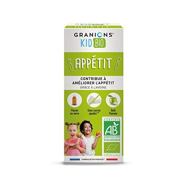 GRANIONS KID BIO APPÉTIT - Certifié BIO - Goût Pomme - Contribue à stimuler lappétit - Formule naturelle à base de sirop da