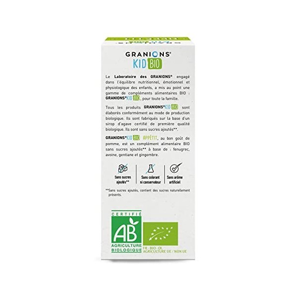 GRANIONS KID BIO APPÉTIT - Certifié BIO - Goût Pomme - Contribue à stimuler lappétit - Formule naturelle à base de sirop da