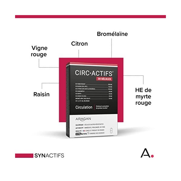 ARAGAN - Synactifs - Circactifs - Complément Alimentaire Circulation, Jambes Lourdes - Vigne Rouge, Raisin, Citron, Sélénium,