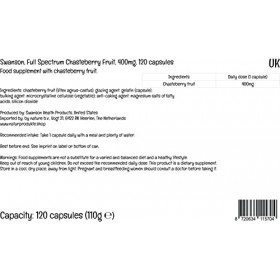 Swanson, Full Spectrum Chasteberry Fruit Fruit du Poivre du Moine , 400mg, 120 Capsules, Hautement Dosé, Testé en Laboratoir