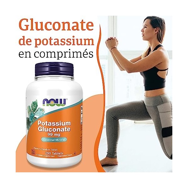 Now Foods, Potassium Gluconate Gluconate de Potassium , 99mg, 250 Comprimés végétaliens, Testé en Laboratoire, Sans Gluten, 