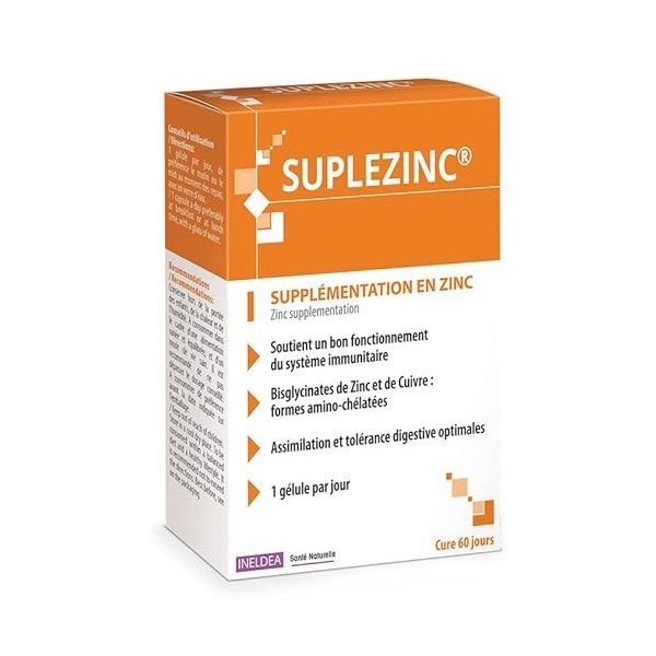 Ineldea Sante Naturelle - SUPLEZINC - Maintien du bon fonctionnement immunitaire - Action antioxydante - Bisglycinates de Zin