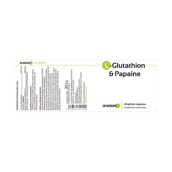 L - Glutathion et Papaïne * 400 mg / 60 gélules * Pureté garantie supérieure à 98 %