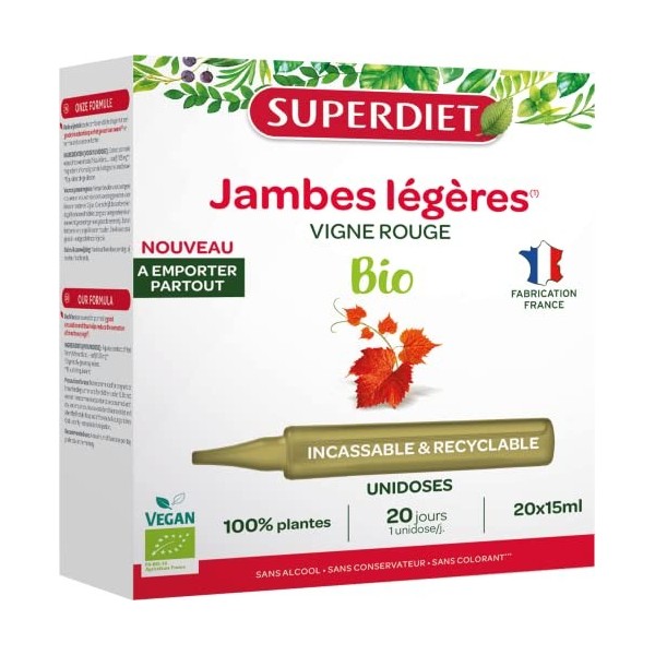 SUPERDIET- VIGNE ROUGE BIO - Circulation, Jambes lègères -Fabrication française - Format nomade -20 Unidoses de 15 ml