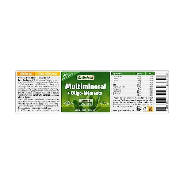 Greenfood Multiminéraux + oligo-éléments, 510 mg, des doses élevées, 120 gélules, vegan, haute biodisponibilité - Sans additi