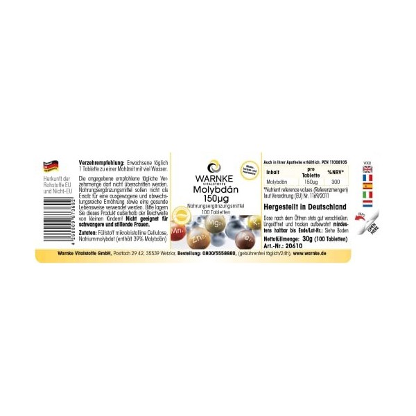 Molybdène 150 mcg - 100 comprimés - Végétarien - Oligo-élément essentiels | Warnke Vitalstoffe