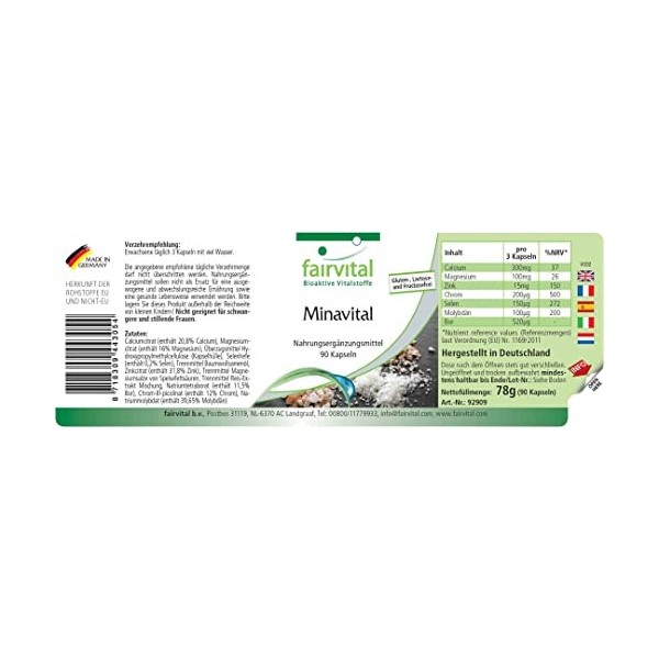 Fairvital | Minavital VEGAN - multiminéraux et oligo-éléments avec 300mg calcium, 100mg Magnesium, 15mg zinc, 200μg chrome, 1