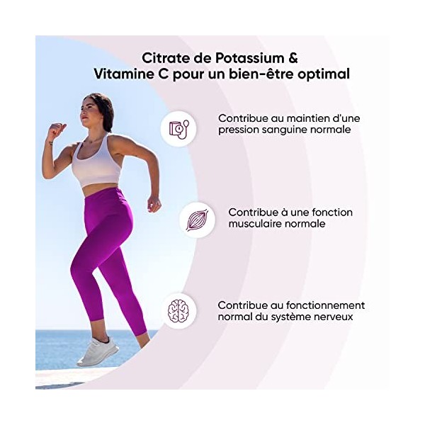 Citrate de Potassium Avec Vitamine C 1460mg Par Portion - 180 Comprimés Vegan, 3 Mois - Contribue au Bon Fonctionnement du Sy