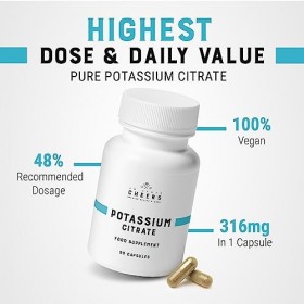 Cheers - Citrate de potassium, 90 capsules végétaliennes, 316 mg par capsule, Pupplément de potassium pour adultes, électroly