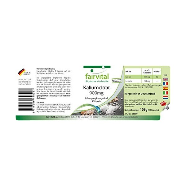 Fairvital | Potassium VEGAN - Fortement dosé - 90 gélules - 300 mg de potassium par gélule