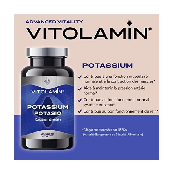 POTASSIUM - VITOLAMIN® - 180 Comprimés VÉGÉTARIENS - Contribue au fonctionnement normal des muscles et du système nerveux. Ci