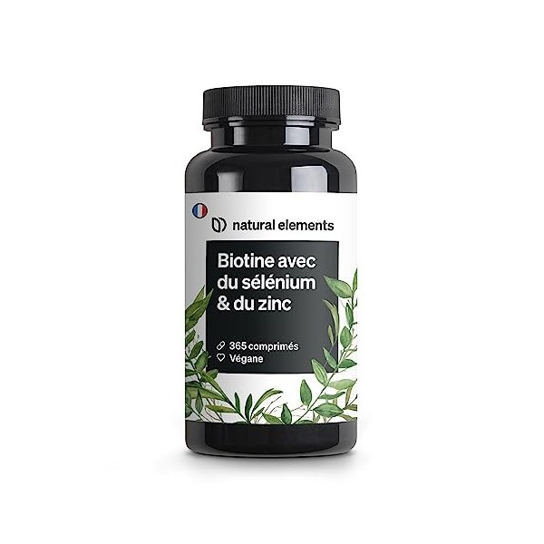 Biotine 1000 μg – Zinc 10mg avec Sélénium 55 μg – 365 Comprimés pour pousse cheveux 1 an dapprovisionnement – Favorise la 