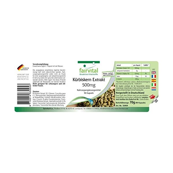 Fairvital | Extrait de pépins de citrouille 500 mg - 90 gélules - 10 fois plus concentré avec sélénium et vitamine E - hautem